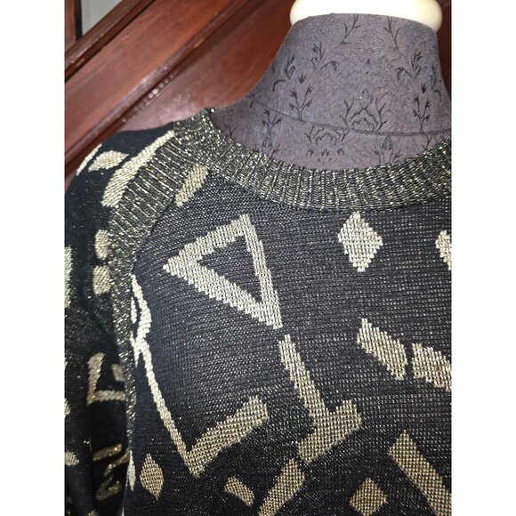 Sharon Anthony Geometric Pattern Sweater Lurex Metallic Black & Gold Batwing 22w - Picture 2 of 9